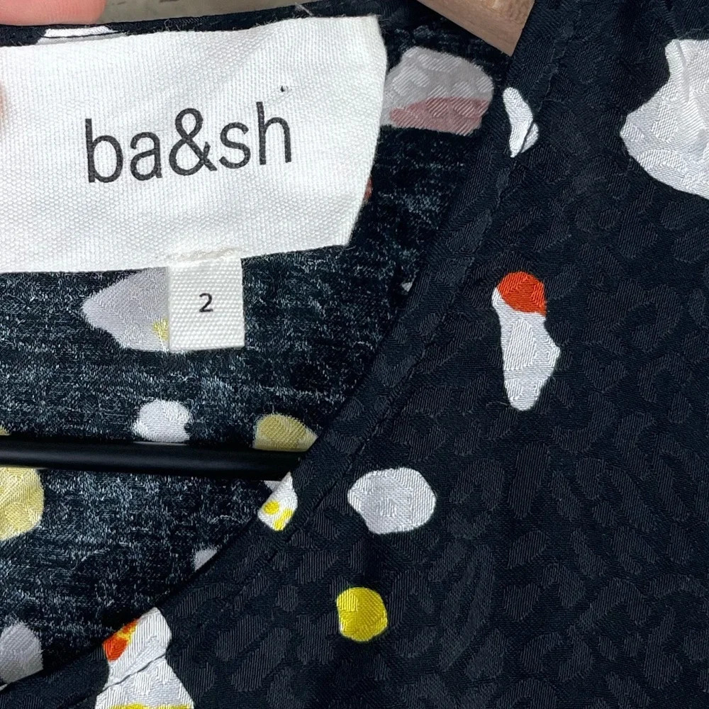 Ba&sh Tonya Gathered Printed Satin Jacquard Midi Dress in Black Spotted Size 2 - Picture 12 of 12